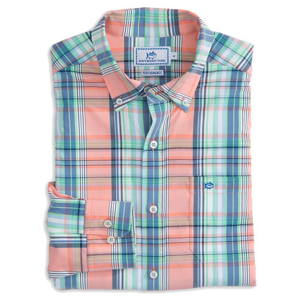 High Rock Plaid Intercoastal Performance Shirt in Peach Fizz by Southern Tide - Country Club Prep