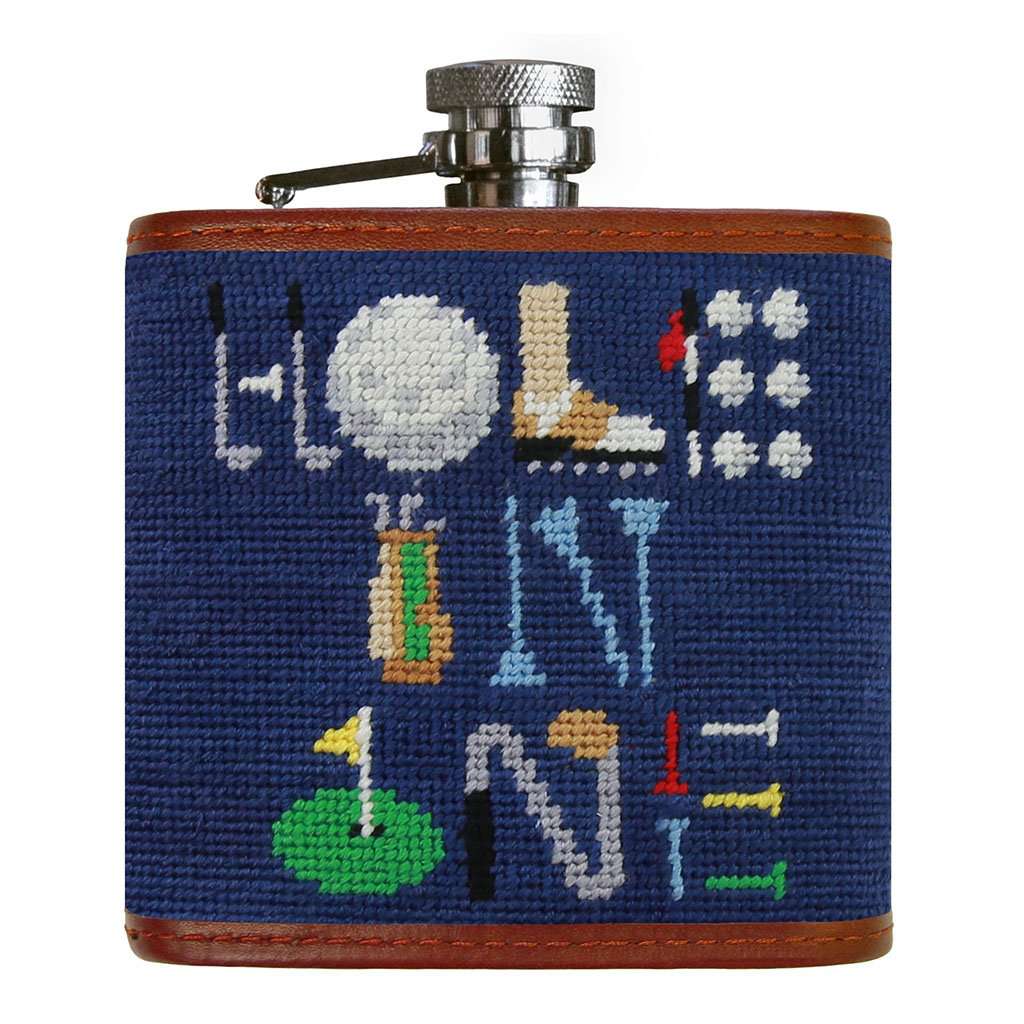Hole in One Needlepoint Flask in Classic Navy by Smathers & Branson - Country Club Prep