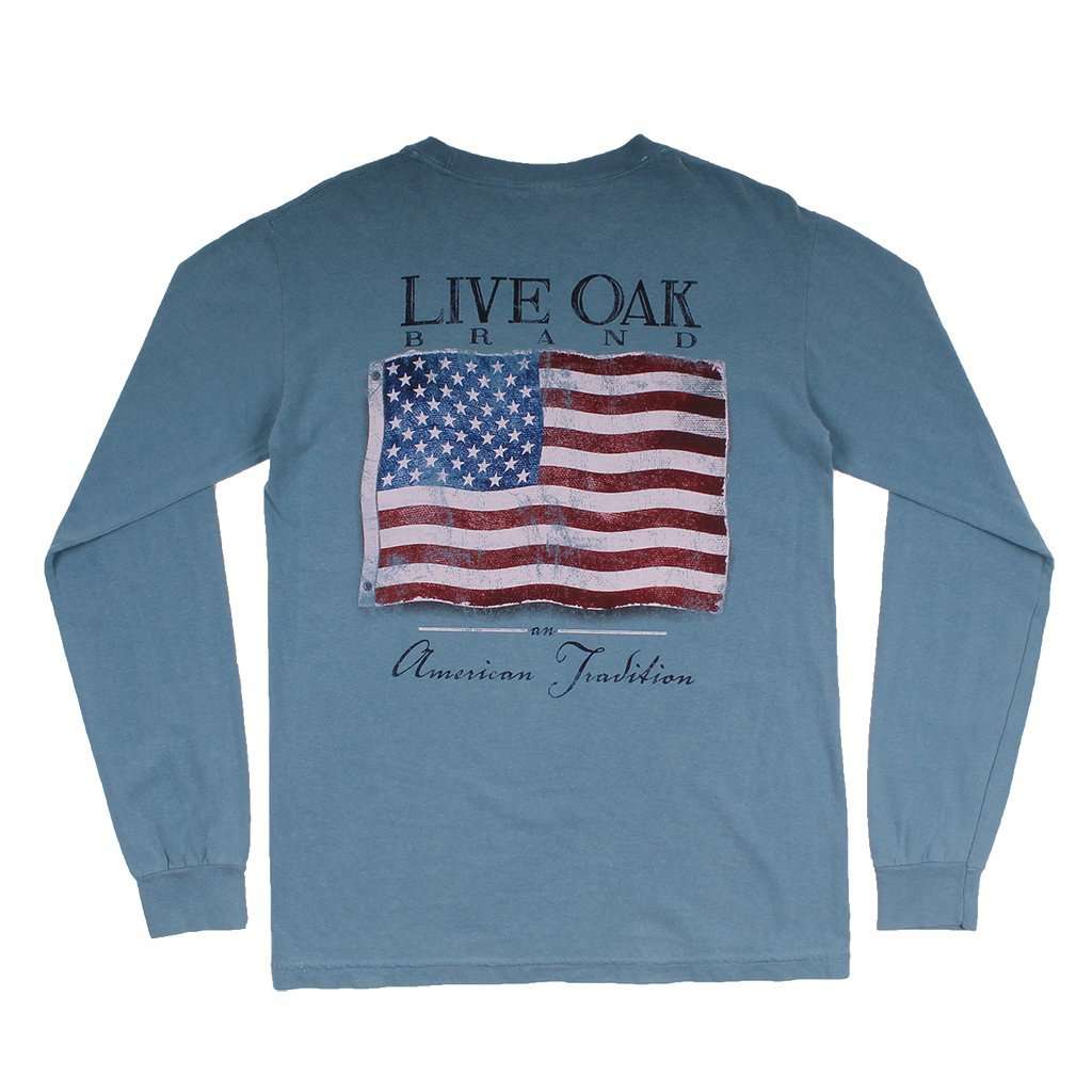 Vintage American Flag Long Sleeve Tee in Ice Blue by Live Oak - Country Club Prep