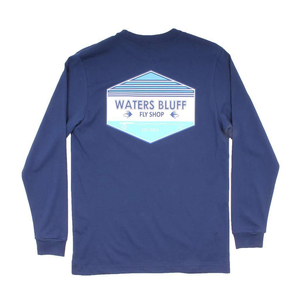 Fly Shop Long Sleeve Tee in Navy (with Teal) by Waters Bluff - Country Club Prep