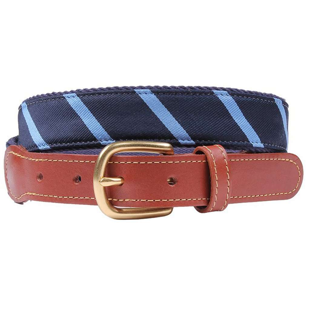 Stripes Are Way Preppy Leather Tab Belt in Navy Blue and Light Blue by Country Club Prep - Country Club Prep