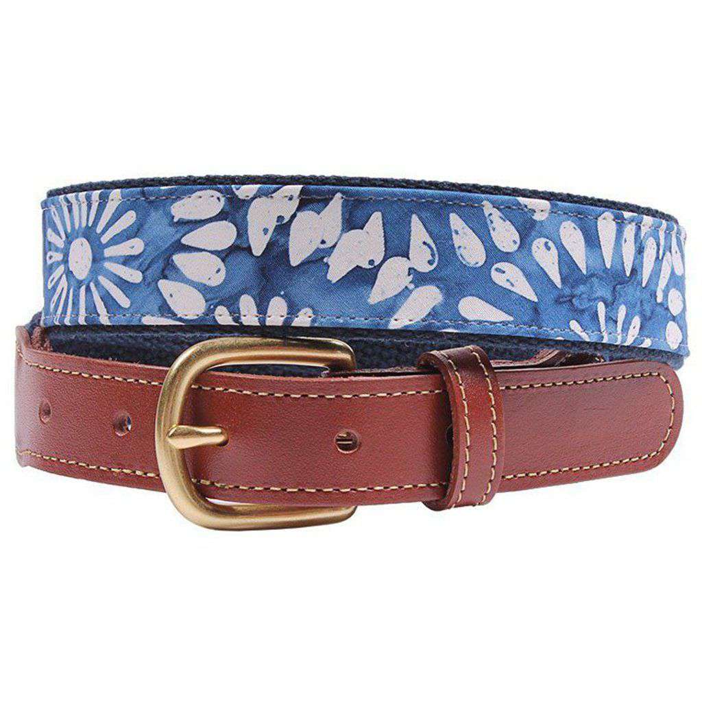 Blue Flower Tonga Leather Tab Belt on Navy Canvas by Country Club Prep - Country Club Prep