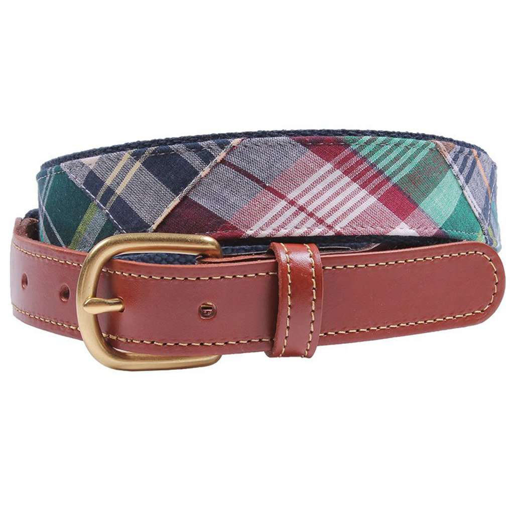 Mackinaw Madras Leather Tab Belt on Navy Canvas by Country Club Prep - Country Club Prep