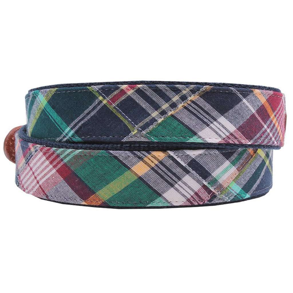 Mackinaw Madras Leather Tab Belt on Navy Canvas by Country Club Prep - Country Club Prep