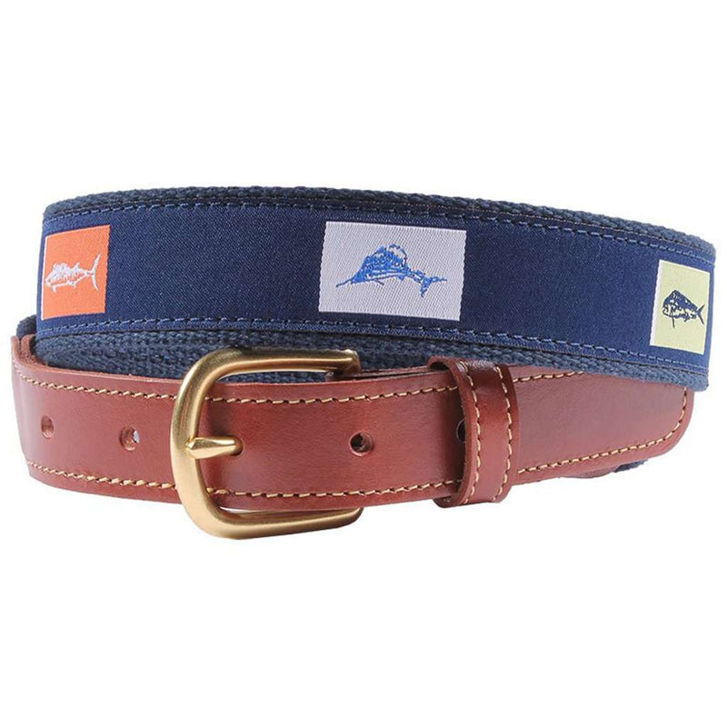 Fish Flags Leather Tab Belt in Navy by Country Club Prep - Country Club Prep