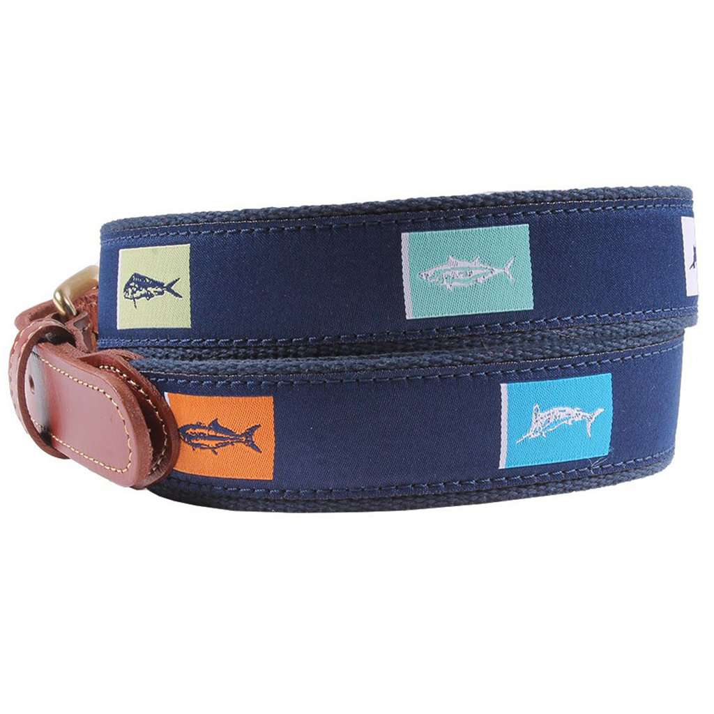 Fish Flags Leather Tab Belt in Navy by Country Club Prep - Country Club Prep