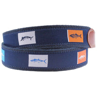 Fish Flags Leather Tab Belt in Navy by Country Club Prep - Country Club Prep