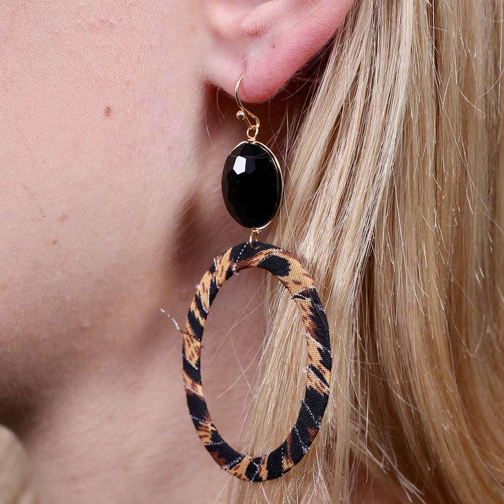 Ruth Oval Stone with Leopard Wrapped Oval Fish Hook Earrings by Caroline Hill - Country Club Prep