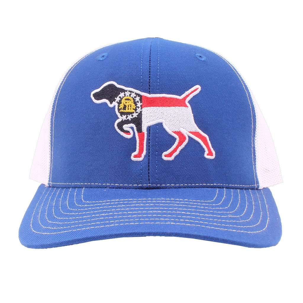 Georgia Flag Pointer Trucker Hat in Royal and White by Southern Snap Co. - Country Club Prep