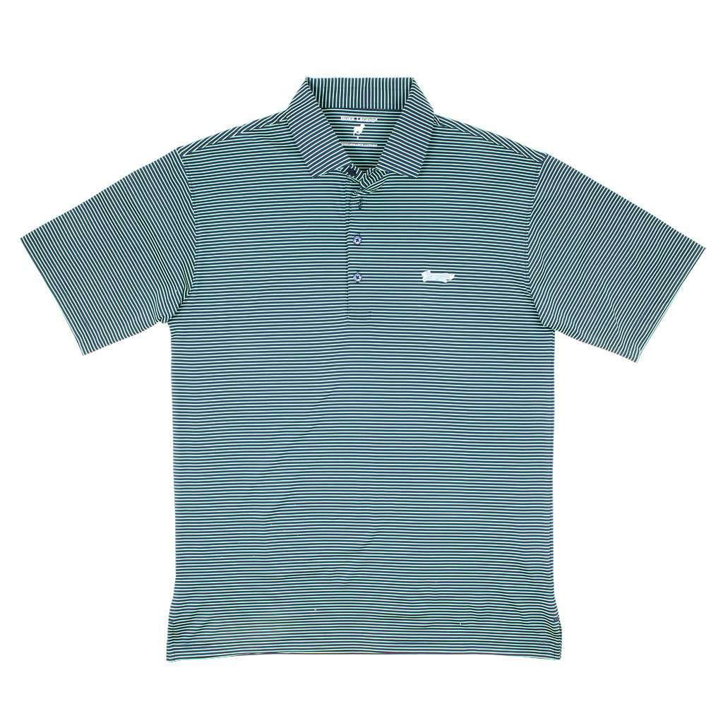 Longshanks Striped Performance Polo in Navy & Island Green by Country Club Prep - Country Club Prep