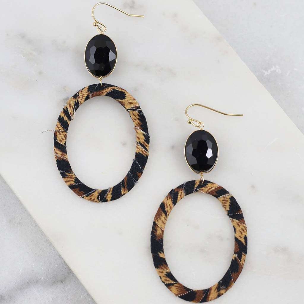 Ruth Oval Stone with Leopard Wrapped Oval Fish Hook Earrings by Caroline Hill - Country Club Prep