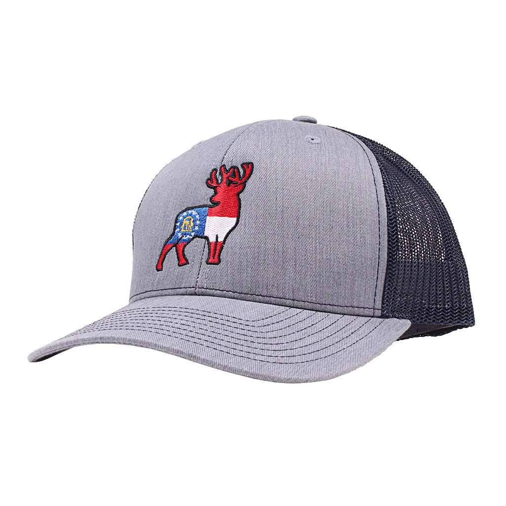 Georgia Flag Deer Trucker Hat in Grey with Navy by Southern Snap Co. - Country Club Prep