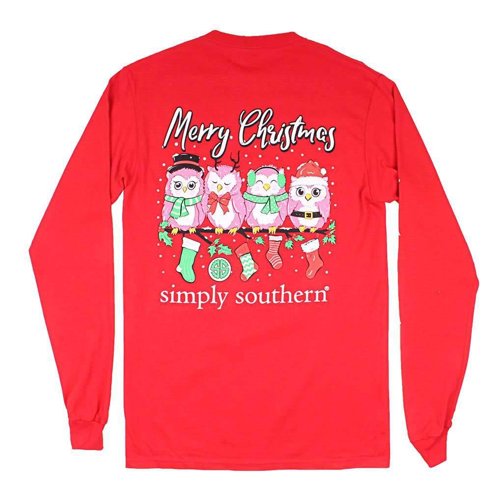 Long Sleeve Owl Christmas Tee in Red by Simply Southern - Country Club Prep