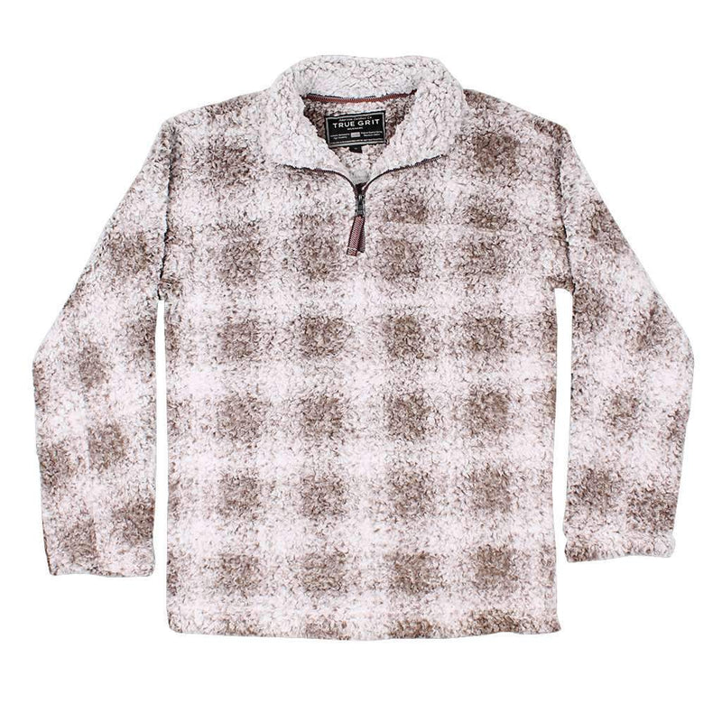 Softest Tip Box Plaid Shearling 1/4 Zip Pullover in Brown by True Grit - Country Club Prep