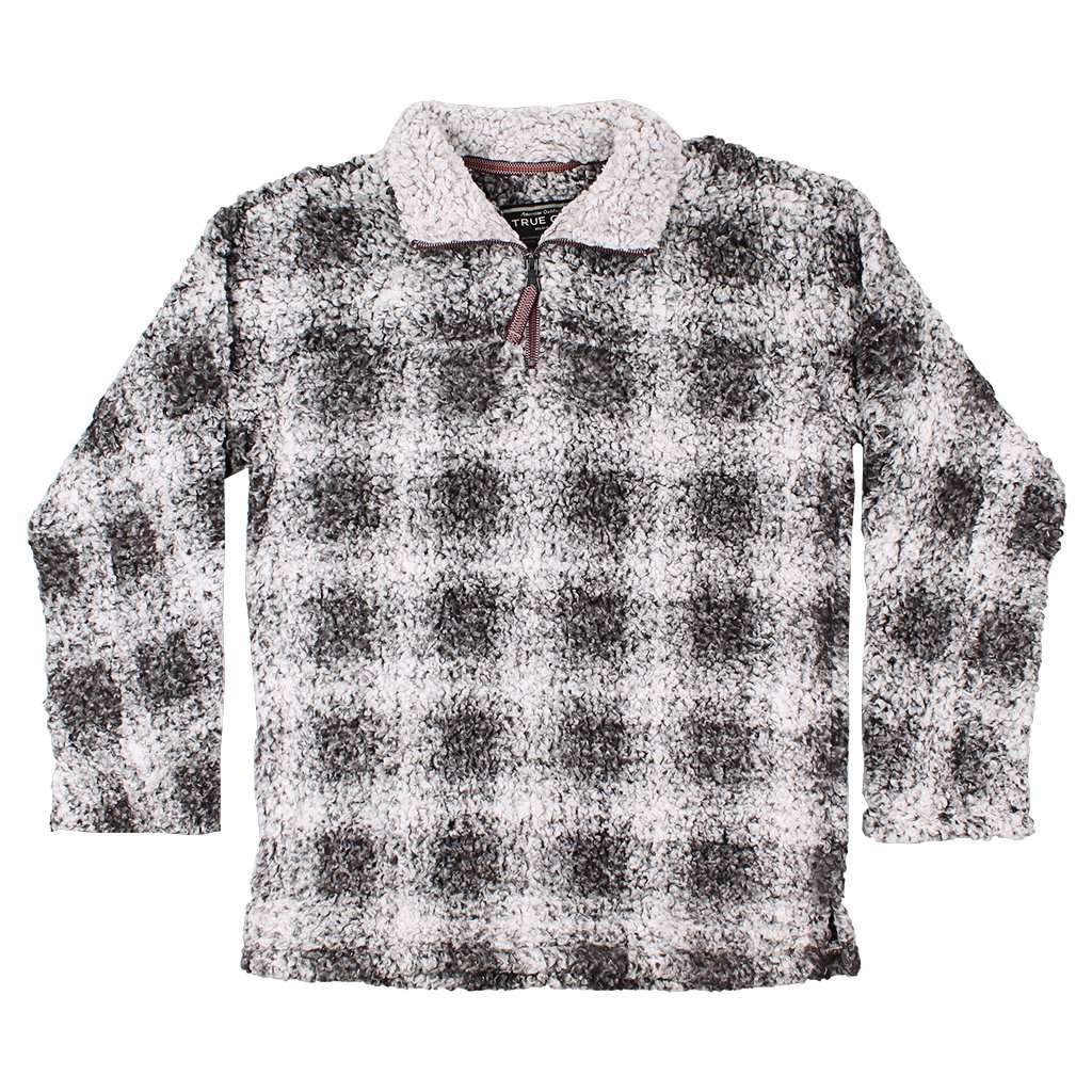 Softest Tip Box Plaid Shearling 1/4 Zip Pullover in Charcoal by True Grit - Country Club Prep
