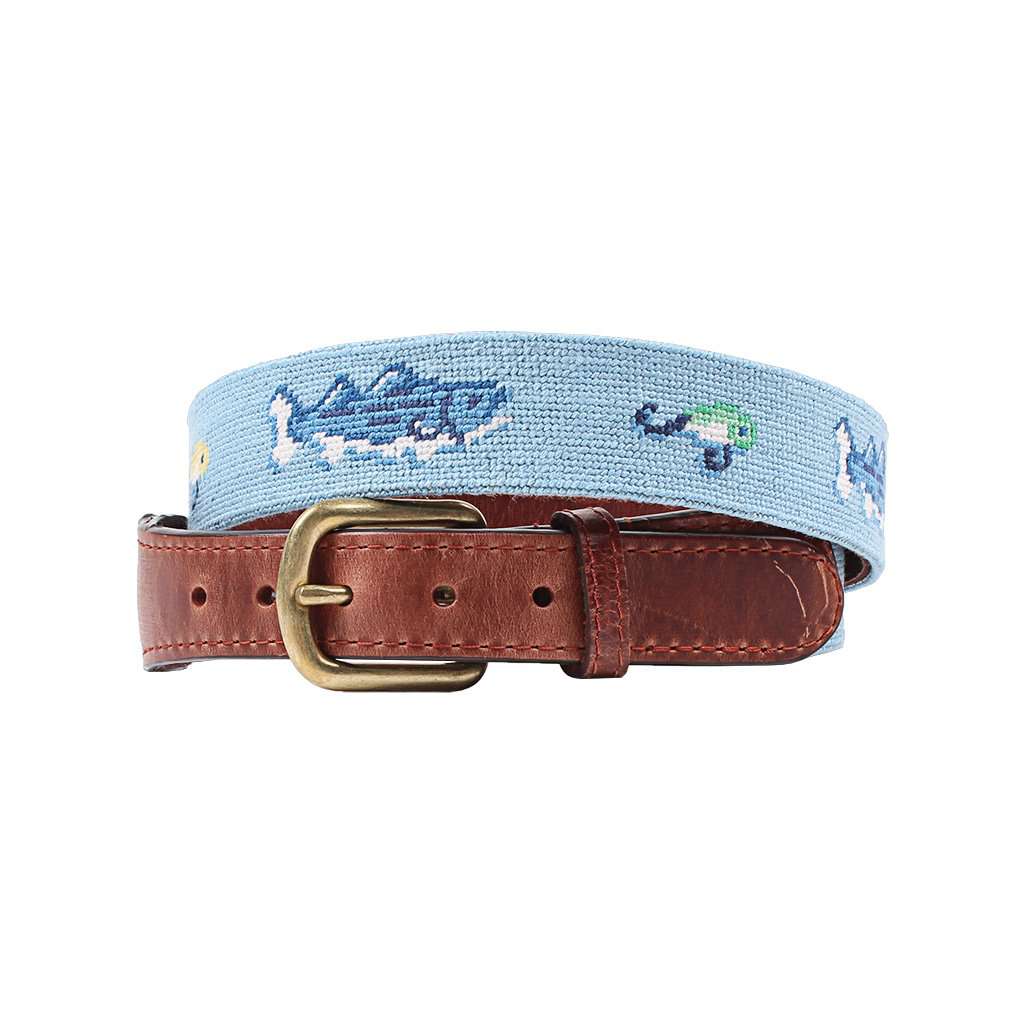 Vineyard Vines Bass and Lures Needlepoint Belt in Light Blue by Smathers & Branson - Country Club Prep