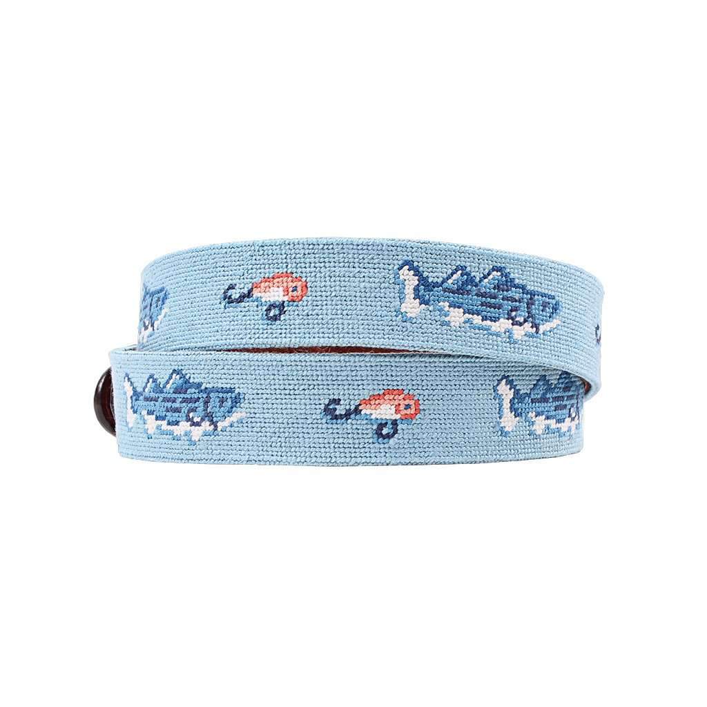Vineyard Vines Bass and Lures Needlepoint Belt in Light Blue by Smathers & Branson - Country Club Prep