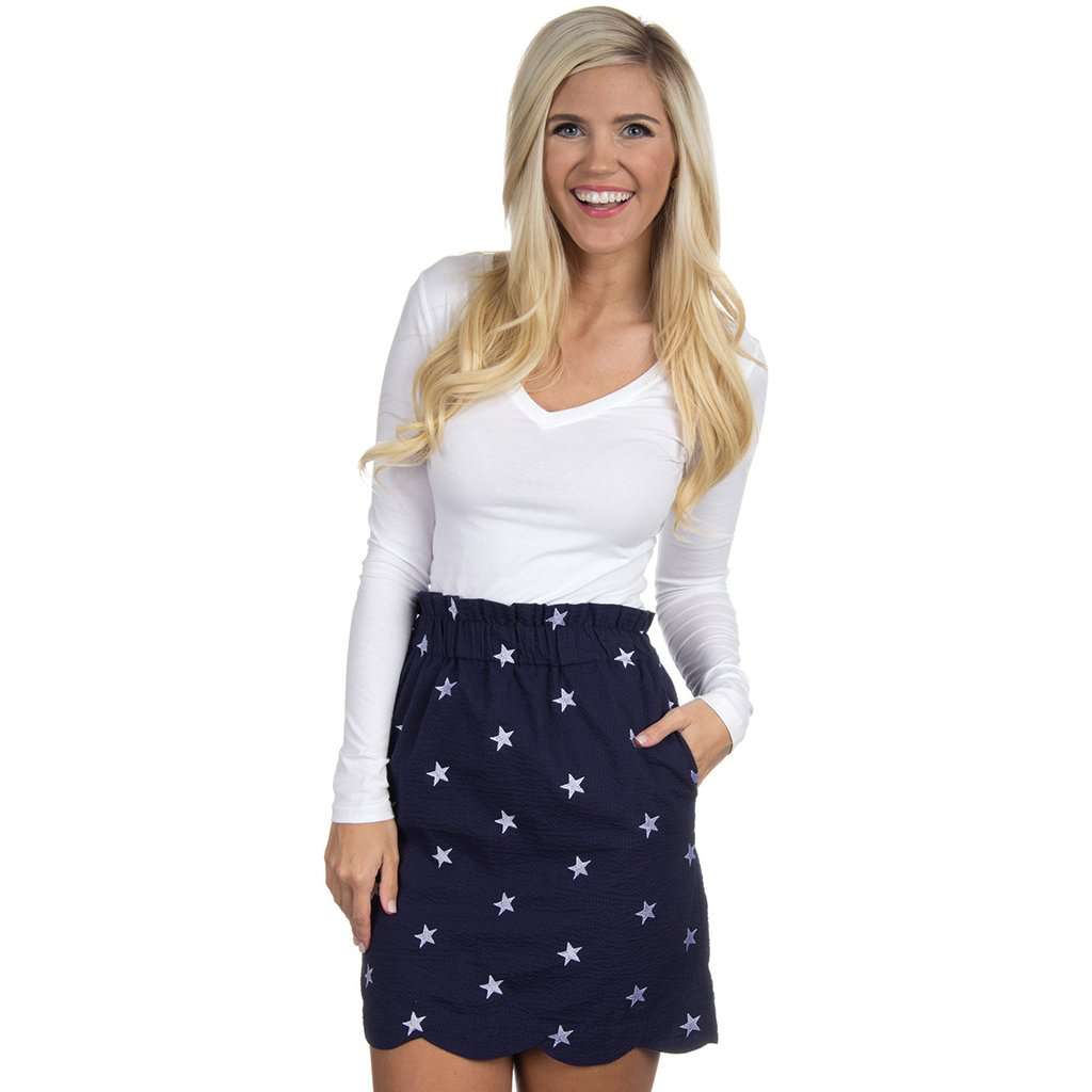 The Navy Star Scalloped Seersucker Skirt in Navy by Lauren James - Country Club Prep