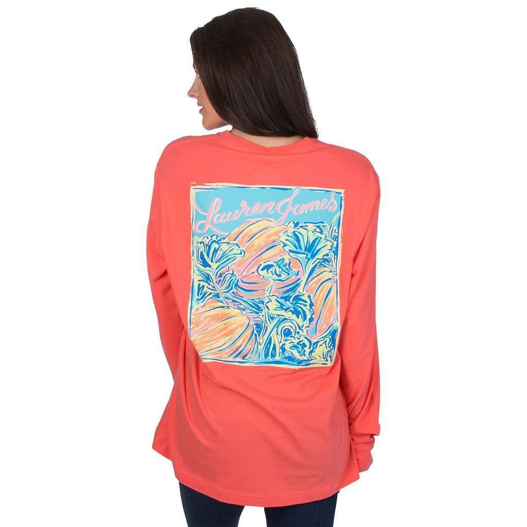 Pumpkin Vine Long Sleeve Tee in Coral by Lauren James - Country Club Prep