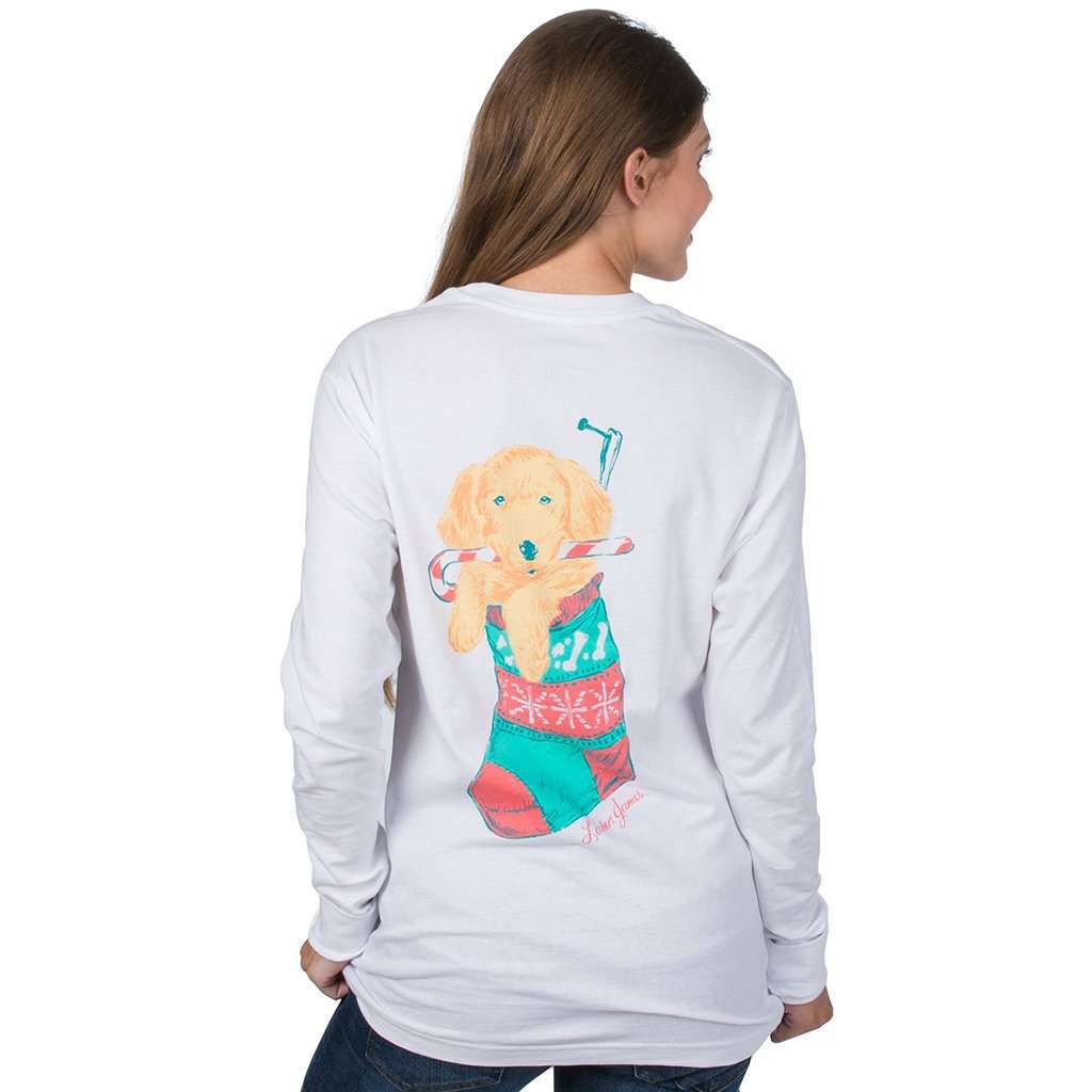 Puppy in a Stocking Long Sleeve Tee in White by Lauren James - Country Club Prep