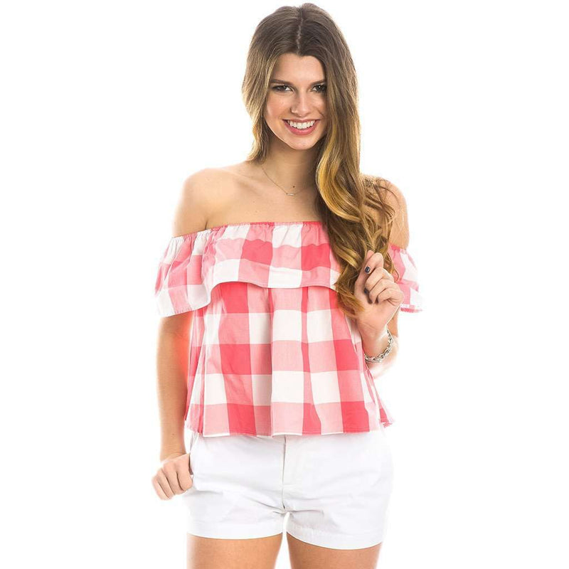 Riley Gingham Ruffle Top in Coral by Lauren James - Country Club Prep