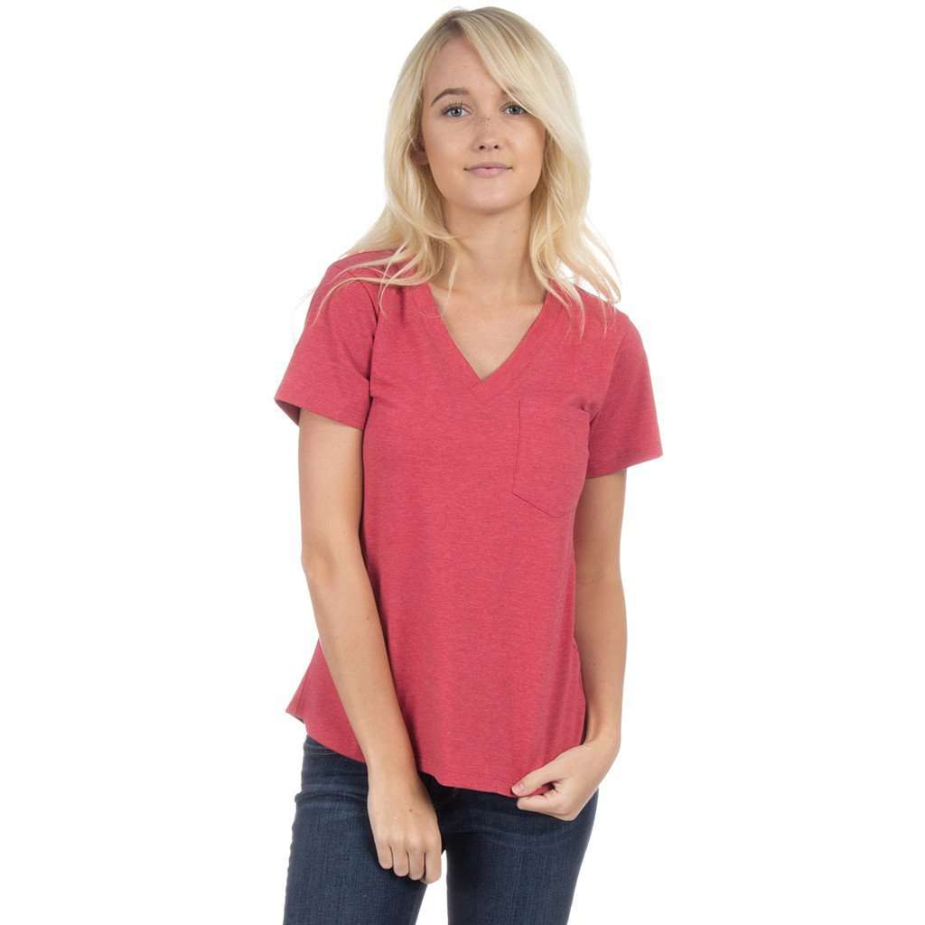 Short Sleeve Pocket V-Neck Tee in Heather Red by Lauren James - Country Club Prep