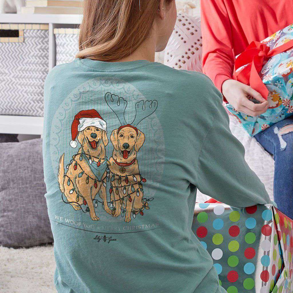 Christmas Lights Dogs Long Sleeve Tee in Seafoam by Lily Grace - Country Club Prep