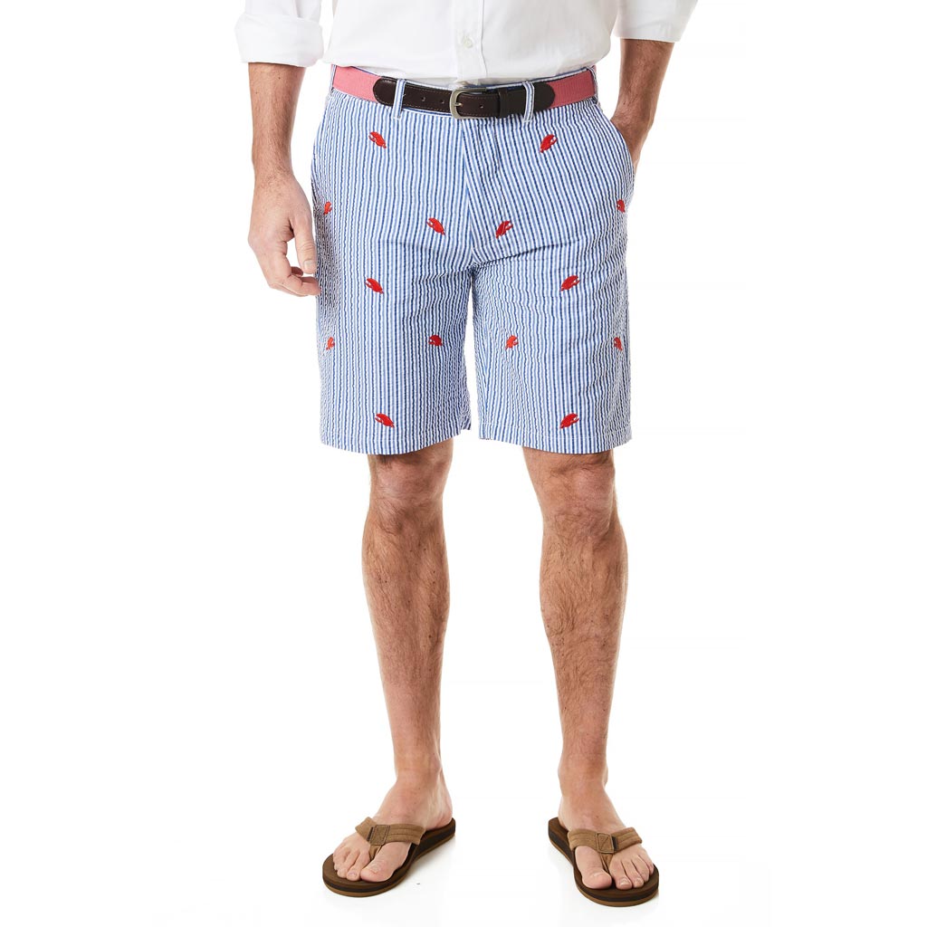 Cisco Short in Royal & Navy Seersucker with Embroidered Lobster Claws by Castaway Clothing - Country Club Prep