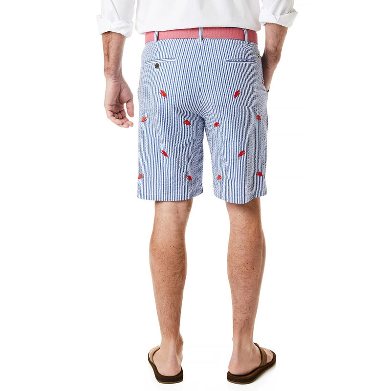 Cisco Short in Royal & Navy Seersucker with Embroidered Lobster Claws by Castaway Clothing - Country Club Prep