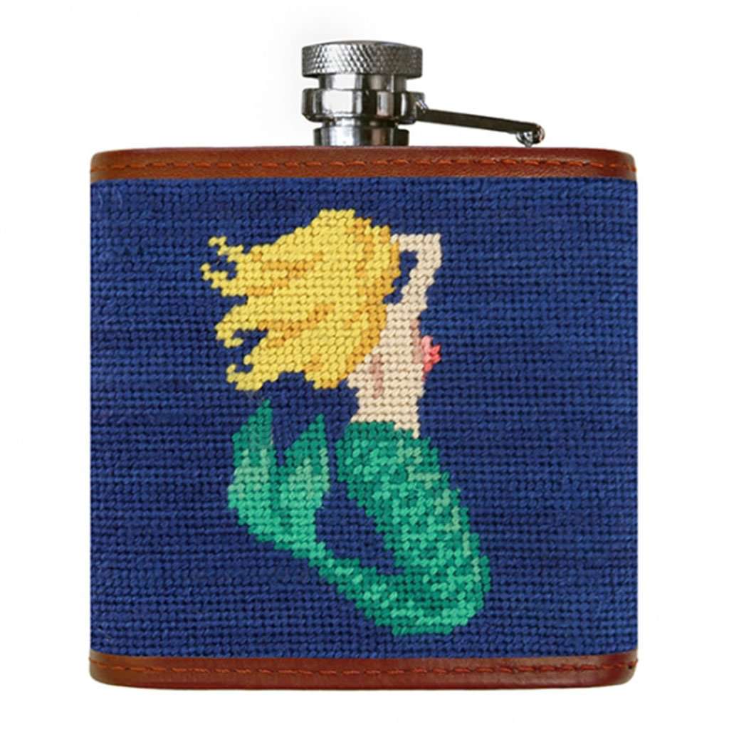 Mermaid Needlepoint Flask in Classic Navy by Smathers & Branson - Country Club Prep
