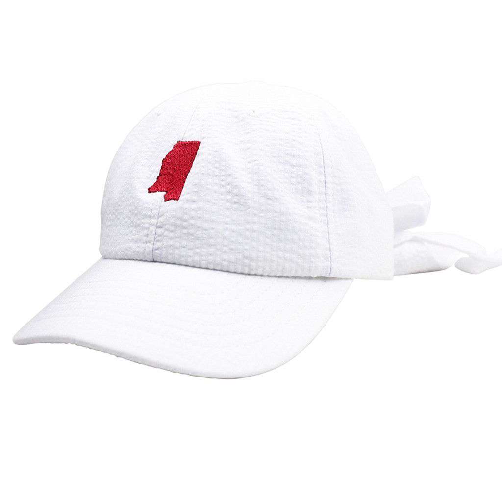 Mississippi Seersucker Bow Hat in White with Crimson by Lauren James - Country Club Prep