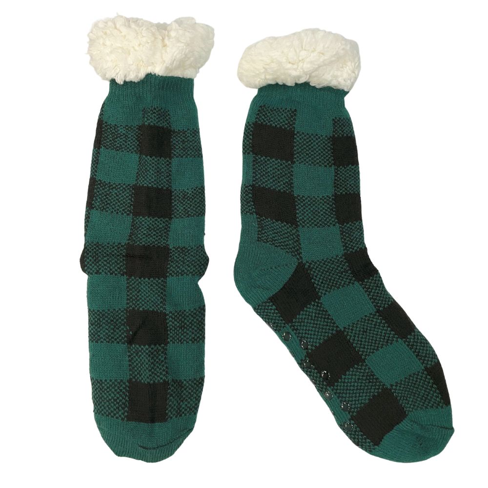 Wrapping Paper Plaid Sherpa Lined Socks in Green - Country Club Prep