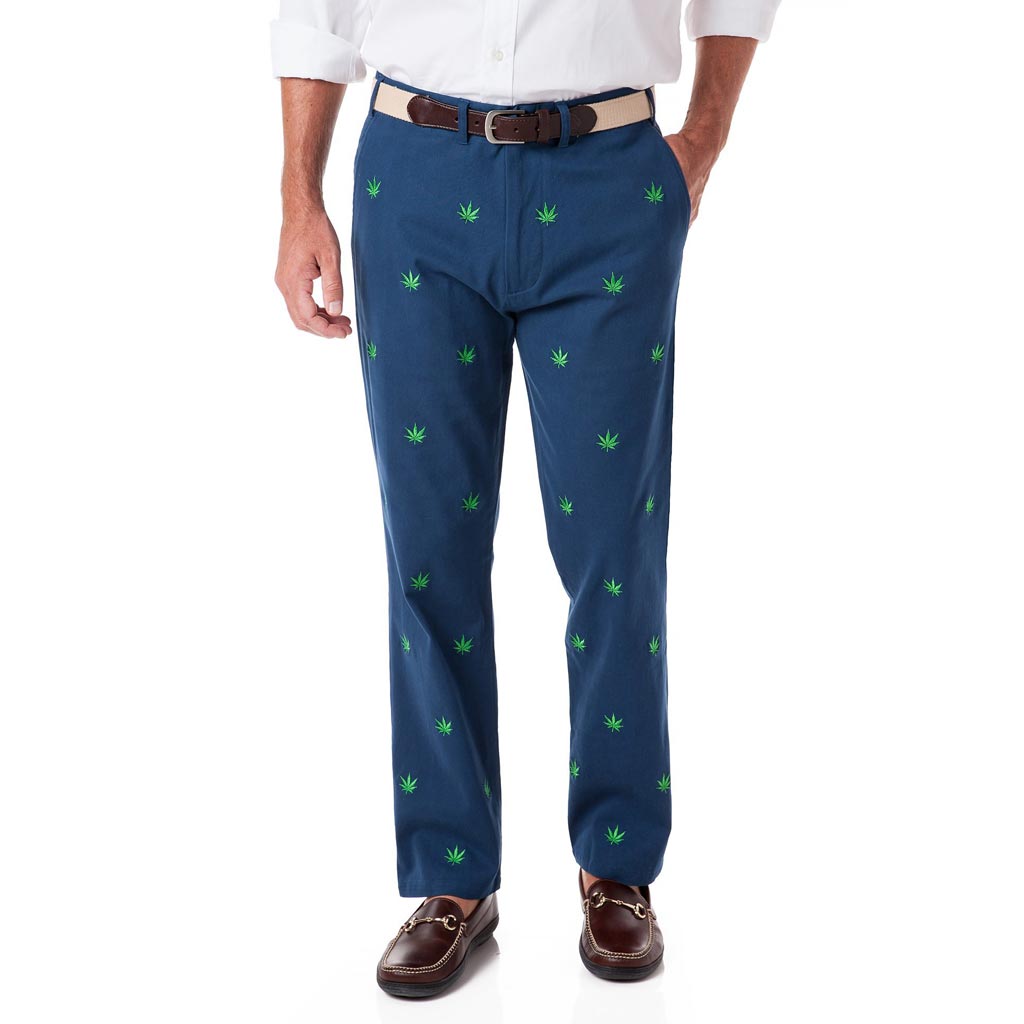 Stretch Twill Harbor Pant in Nantucket Navy with Embroidered Pot Leaf by Castaway Clothing - Country Club Prep