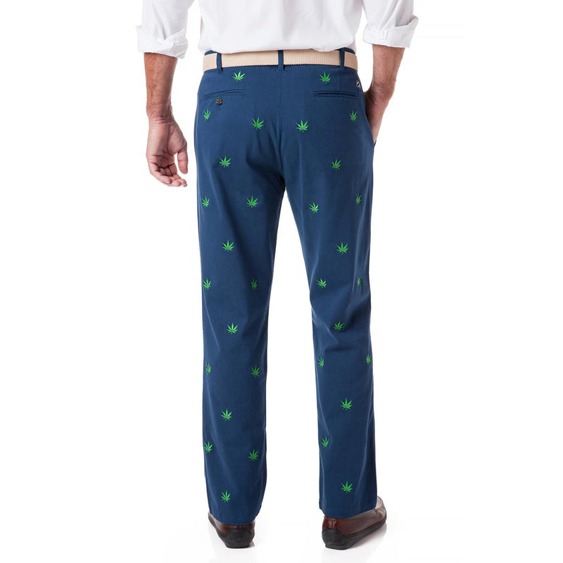 Stretch Twill Harbor Pant in Nantucket Navy with Embroidered Pot Leaf by Castaway Clothing - Country Club Prep