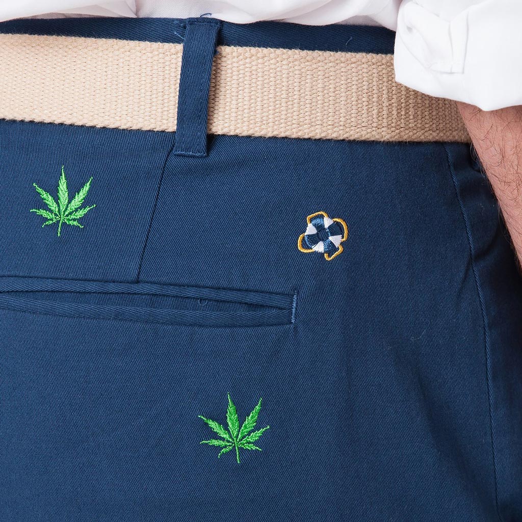 Stretch Twill Harbor Pant in Nantucket Navy with Embroidered Pot Leaf by Castaway Clothing - Country Club Prep