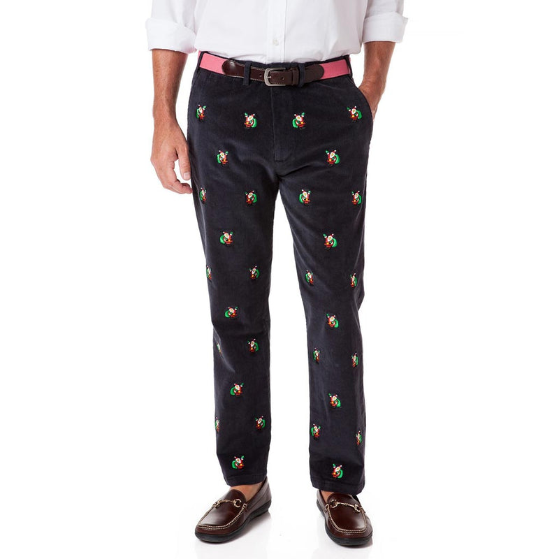 Beachcomber Corduroy Pants in Nantucket Navy with Embroidered Santa by Castaway Clothing - Country Club Prep