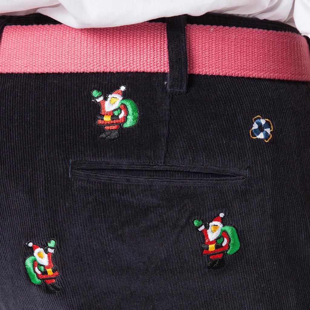 Beachcomber Corduroy Pants in Nantucket Navy with Embroidered Santa by Castaway Clothing - Country Club Prep