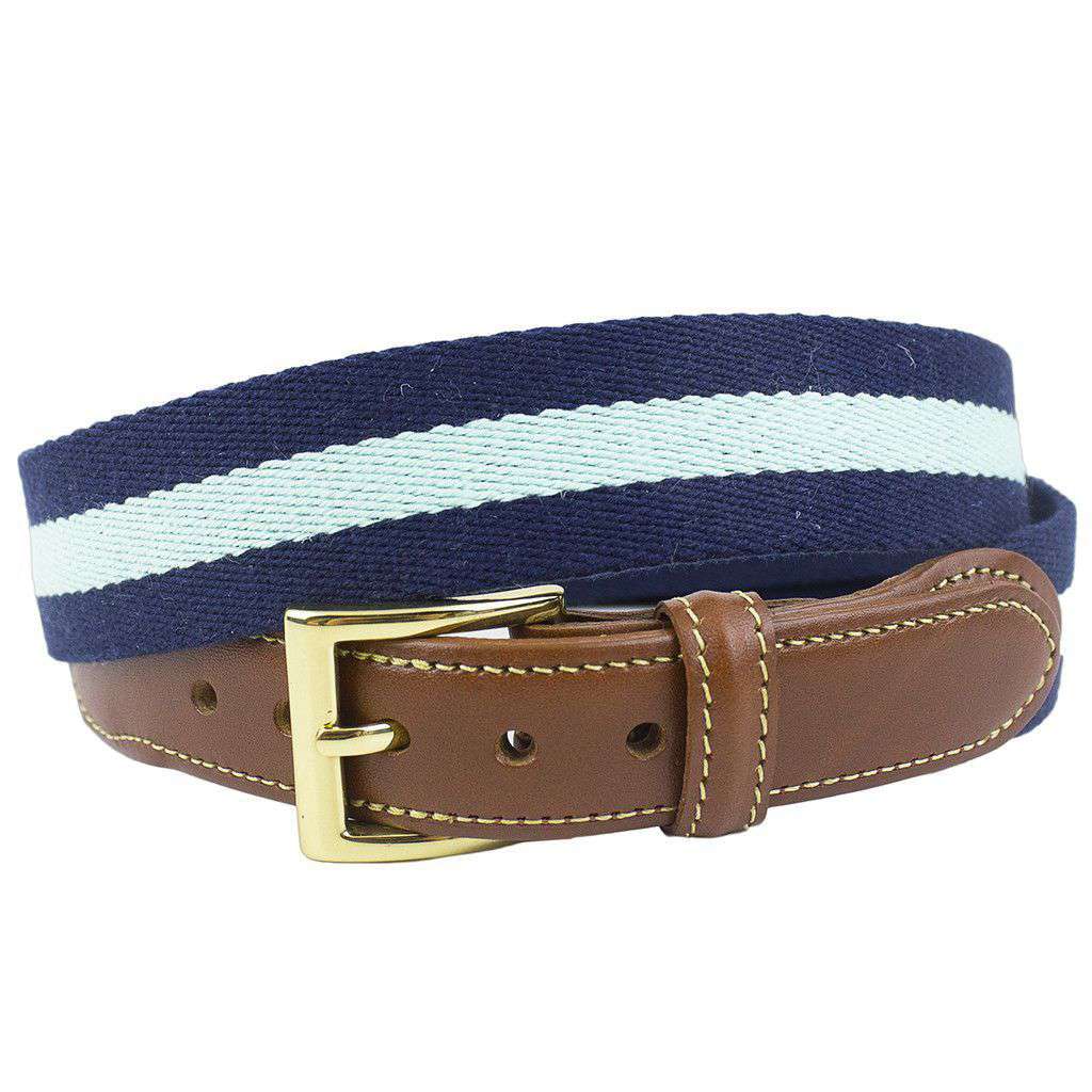 Navy Surcingle Leather Tab Belt with Mint Stripe by Country Club Prep - Country Club Prep