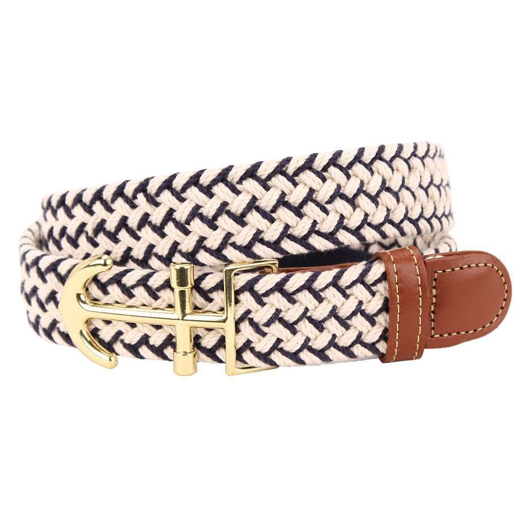 Navy and Natural Macreme Leather Tab Belt with Brass Anchor Buckle by Country Club Prep - Country Club Prep