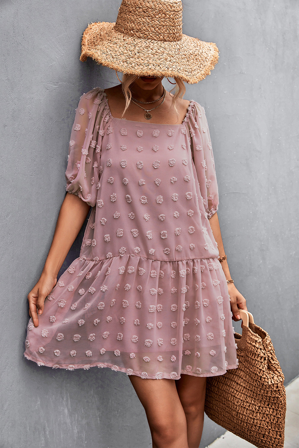 Swiss Dot Square Neck Dress with Pockets - Country Club Prep
