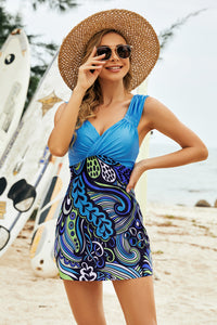 Printed Ruched Swim Dress and Swim Bottoms Set - Country Club Prep