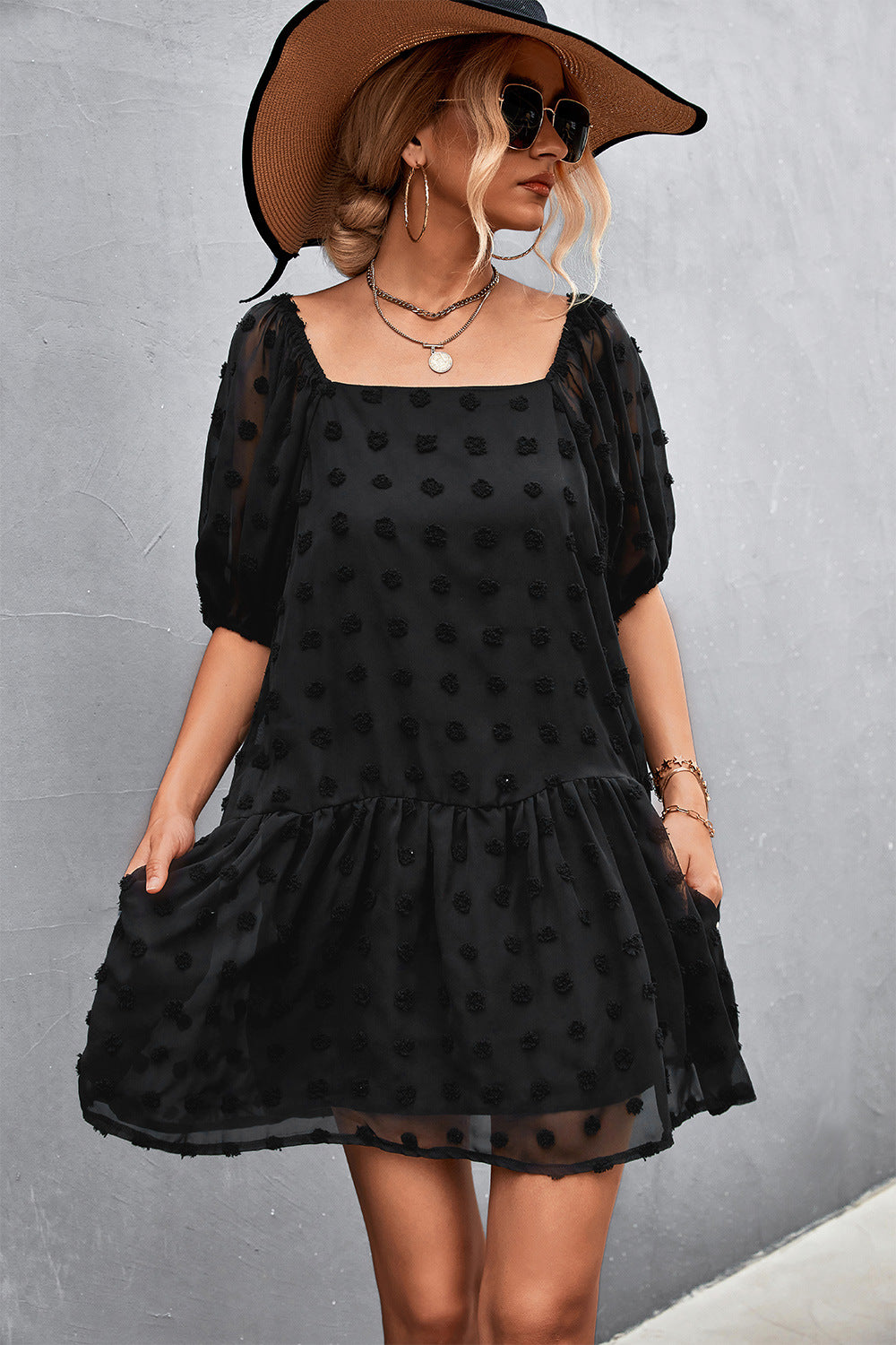 Swiss Dot Square Neck Dress with Pockets - Country Club Prep