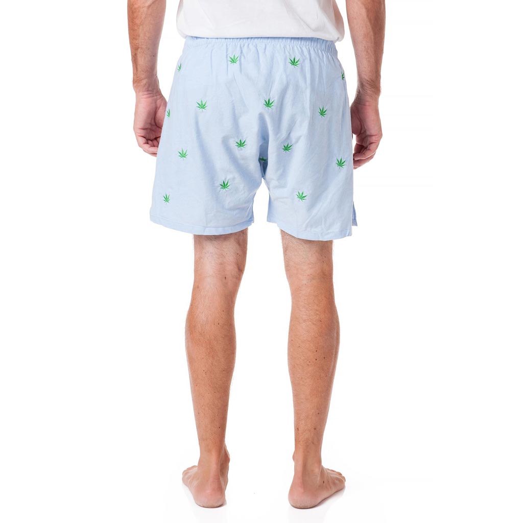 Barefoot Boxer with Embroidered Pot Leaf in Blue Oxford by Castaway Clothing - Country Club Prep