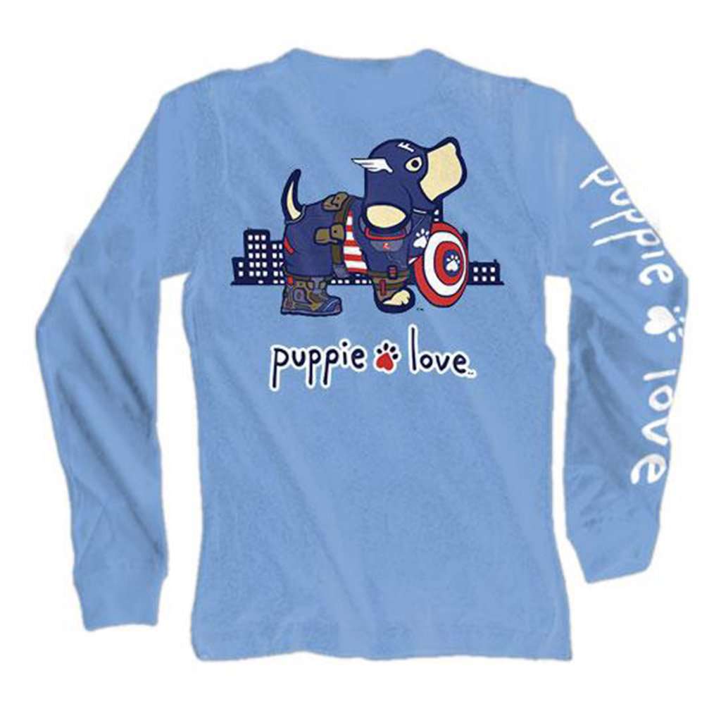 Long Sleeve Superhero Pup Tee in Carolina Blue by Puppie Love - Country Club Prep