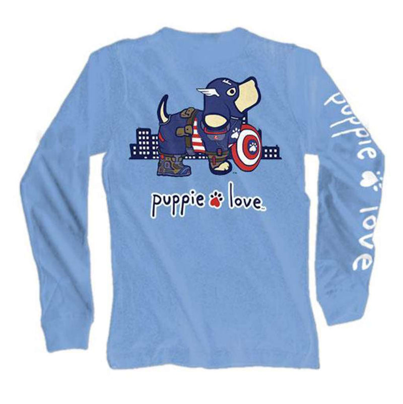 Long Sleeve Superhero Pup Tee in Carolina Blue by Puppie Love - Country Club Prep