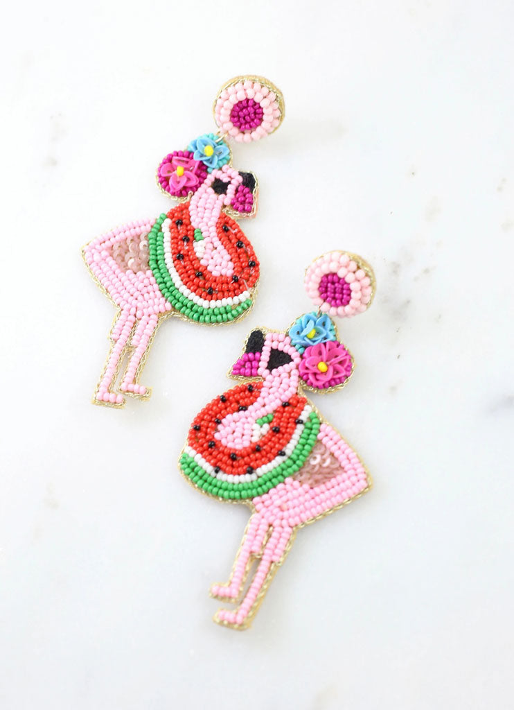 Luau Flamingo Beaded Earring in Pink by Caroline Hill - Country Club Prep