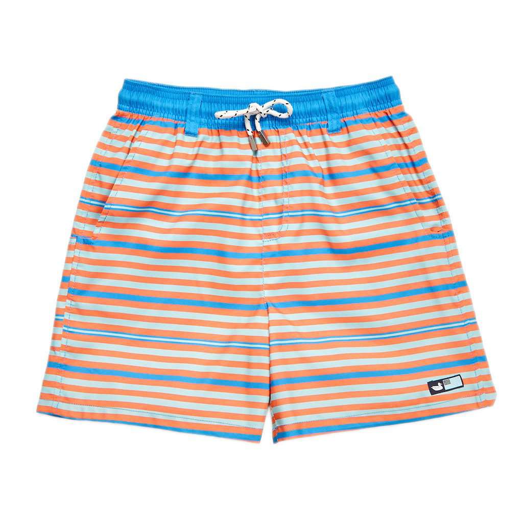 Youth Dockside Swim Trunk in Blue & Orange Stripes by Southern Marsh - Country Club Prep