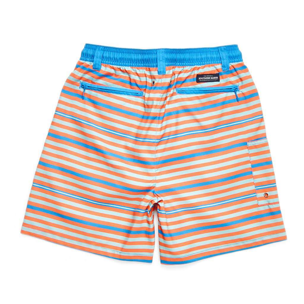 Youth Dockside Swim Trunk in Blue & Orange Stripes by Southern Marsh - Country Club Prep