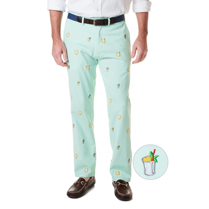 Stretch Twill Harbor Pant with Embroidered Lucky Mint Julep in Mint by Castaway Clothing - Country Club Prep