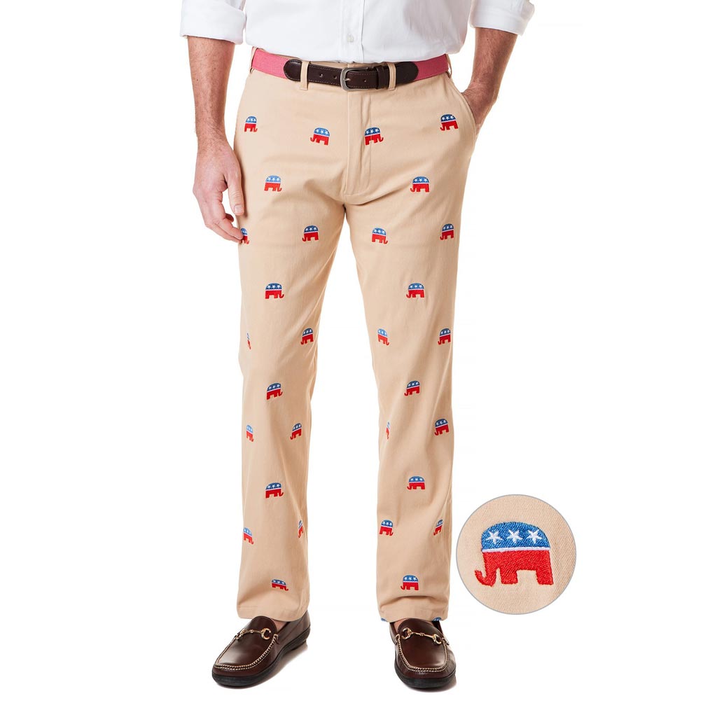 Stretch Twill Harbor Pant with Embroidered GOP Republican Elephant by Castaway Clothing - Country Club Prep